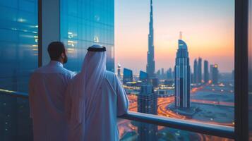 ai generiert gut aussehend arabisch Männer suchen beim Dubai von ein Wolkenkratzer foto