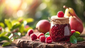 ai generiert Krug mit Himbeere Marmelade steht auf ein hölzern Tabelle Nächster zu es foto