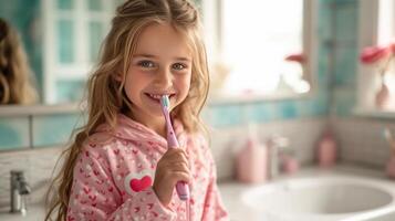 ai generiert ein 12 Jahre alt Mädchen im Rosa Pyjama mit ein Herz Bürsten ihr Zähne im ein hell Badezimmer foto