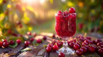 ai generiert ein Glas mit Kirsche Kompott steht auf ein hölzern Tabelle Nächster zu es foto