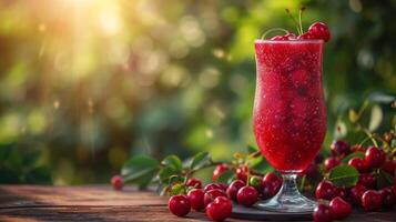 ai generiert ein Glas mit Kirsche Kompott steht auf ein hölzern Tabelle Nächster zu es foto