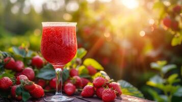 ai generiert ein Glas mit Erdbeere Kompott steht auf ein hölzern Tabelle Nächster zu es foto