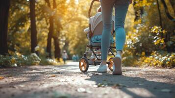 ai generiert schließen oben von ein jung Frau Spaziergänge mit ein lebendig Kinderwagen mit ein Neugeborene Baby im ein sonnig Sommer- Park foto