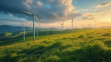 ai generiert schön natürlich Hintergrund mit Windmühlen auf ein Grün Wiese foto