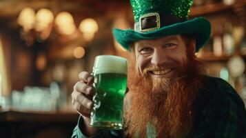 ai generiert ein Kobold im ein groß Grün Hut Getränke Grün Bier und lächelt während suchen beim das Kamera foto