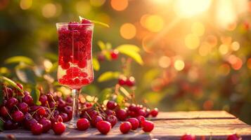 ai generiert ein Glas mit Kirsche Kompott steht auf ein hölzern Tabelle Nächster zu es foto