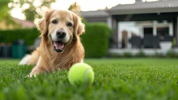 ai generiert ein golden Retriever Hund Theaterstücke mit ein Grün Tennis Ball auf das Rasen in der Nähe von ein Standard amerikanisch Haus foto