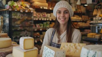 ai generiert nett jung Verkäuferin Angebot Käse während Stehen hinter Geschäft Zähler foto