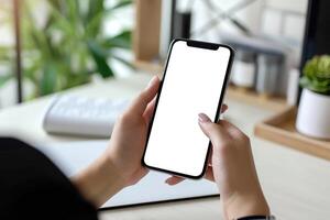 ai generiert Attrappe, Lehrmodell, Simulation, Frau Hand halten mit Handy, Mobiltelefon, Handy, Mobiltelefon App Design und Werbung, Weiß Bildschirm Attrappe, Lehrmodell, Simulation foto