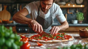 ai generiert jung gut aussehend Mann Schneiden Peperoni Würstchen in Scheiben zum Herstellung Pizza foto