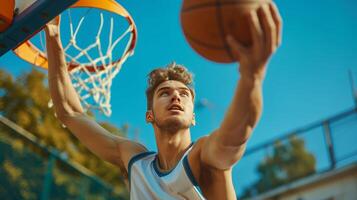 ai generiert jung gut aussehend Basketball Spieler werfen ein Basketball in ein Basketball Band foto