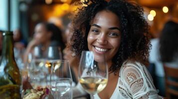 ai generiert jung schwarz Frau Trinken Wein im ein Restaurant mit ihr freunde foto