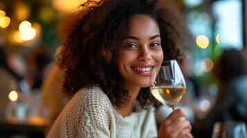 ai generiert jung schwarz Frau Trinken Wein im ein Restaurant mit ihr freunde foto