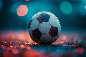 ai generiert das Fußball Ball Sitzung auf ein Licht foto