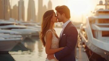 ai generiert jung schön Paar küssen auf das Seebrücke gegen das Hintergrund von Luxus Yachten foto