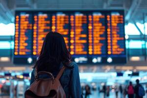 ai generiert Reisen durch Flugzeug, Reisender suchen beim Flug Information beim das Flughafen. Reise Konzept foto