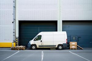 ai generiert Lieferung Lieferwagen, kommerziell Lieferung Lieferwagen mit Karton Kisten, Logistik Konzept foto