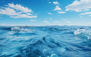 ai generiert ein Bild von ein Blau Ozean gesehen durch ein Boote Fenster, foto