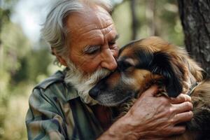 ai generiert ein Porträt von ein glücklich Senior älter mit ein Hund, das Alten mit Haustier foto