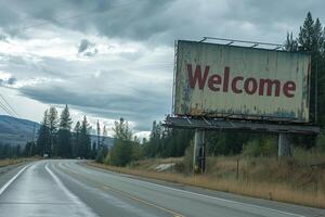 ai generiert das Wort herzlich willkommen auf Straße Zeichen Werbetafel, herzlich willkommen zu Autobahn Straße Zeichen foto