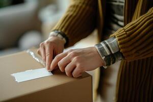 ai generiert schließen oben von Hände Verpackung ein Karton Box im das Zuhause Büro, online Einkaufen und Lieferung Konzept foto