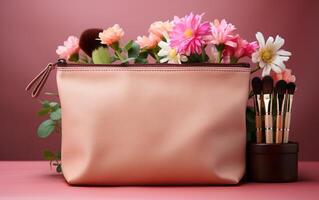 ai generiert bilden Tasche Über Rosa Hintergrund leeren machen oben Kosmetika Beutel mit Kosmetika auf Spitze, Beige foto