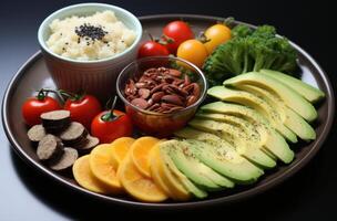 ai generiert gesund Lebensmittel mit Avocado und Kokosnuss Öl auf ein Platte, foto