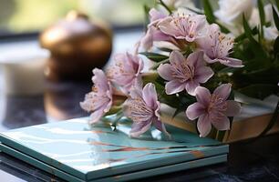 ai generiert Blumen und etwas Karten auf ein Marmor Tisch, foto