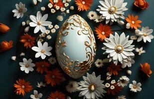 ai generiert Ostern Ei mit Weiß Gänseblümchen, Baby Atem, und Orange Blumen auf ein dunkel Grün Hintergrund foto