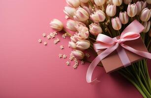 ai generiert Geschenk Box mit Rosa Band und Babys Atem, Rosa Tulpen, und Rosa Blumen foto