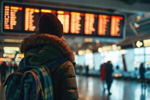 ai generiert Reisen durch Flugzeug, Reisender suchen beim Flug Information beim das Flughafen. Reise Konzept foto