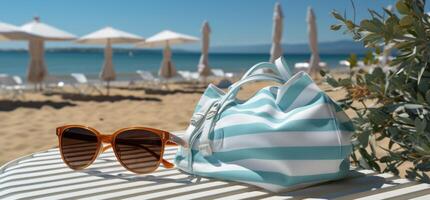 ai generiert gestreift Tasche voll von Artikel und Strand Handtücher, foto