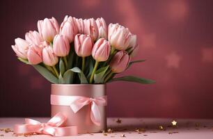 ai generiert Rosa Strauß von Tulpen und Geschenk Box auf Rosa Hintergrund, foto