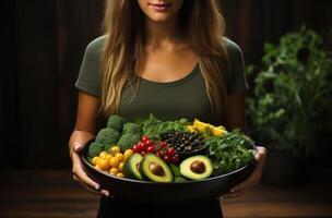 ai generiert Frauen halt oben ein Schüssel mit verschiedene Grün Gemüse, Avocado, und Pilze foto