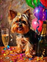 ai generiert Hund mit Champagner Flasche und Champagner Brille auf Konfetti Feier Hintergrund. hoch Qualität. ai generativ foto
