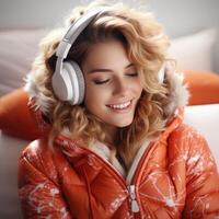 ai generiert Frau im Weihnachten Sweatshirt Hören zu Musik- mit Kopfhörer, foto