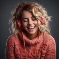 ai generiert Frau im Weihnachten Sweatshirt Hören zu Musik- mit Kopfhörer, foto