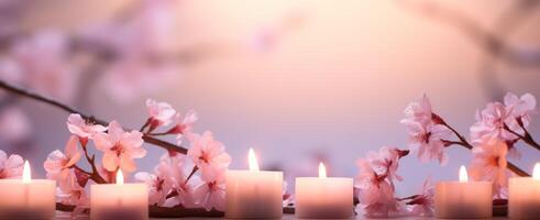 ai generiert zwei Kerzen auf ein Weiß Tabelle mit Blume Blütenblätter foto