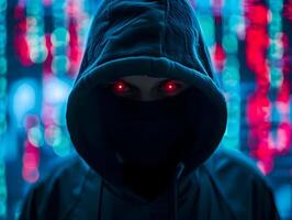 ai generiert Hacker im das Kapuze mit rot Augen im schwarz Masken auf das Hintergrund von verschwommen rot blau Code Symbole. hoch Qualität. ai generativ foto