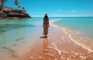 ai generiert Frau Gehen auf das Strand romantisch foto