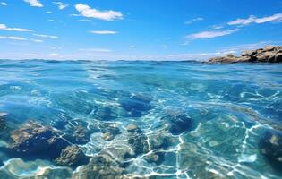 ai generiert Aussicht von ein Boot auf das Ozean, mit Blau Himmel Blau Meer foto