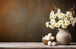 ai generiert Weiß Eier mit Narzissen und Blumen auf hölzern Tabelle foto