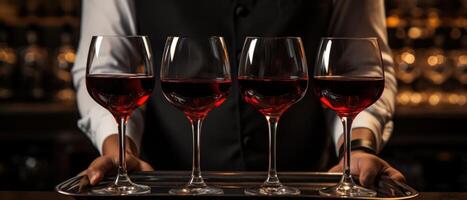 ai generiert drei Portion Tabelle Kellner einstellen oben Wein Brille zum Getränke, foto