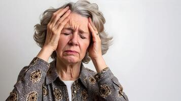 ai generiert ein alt Frau mit Migräne Kopfschmerzen halten ihr Kopf isoliert auf ein Weiß Hintergrund. hoch Qualität. ai generativ foto