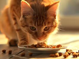 ai generiert ein braun Kätzchen isst Katze Essen im ein Licht hell Zimmer. Gelb Sonnenlicht. hoch Qualität. ai generativ foto