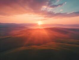 ai generiert Sonnenaufgang Über das Horizont von das Berge Antenne Aussicht filmisch Foto. hohe Auflösung. ai generativ foto