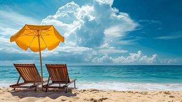 ai generiert zwei Sonne Liegen unter das Gelb Regenschirm auf das Strand. Ferien sonnig Foto mit Wolken im das Himmel. hohe Auflösung. ai generativ