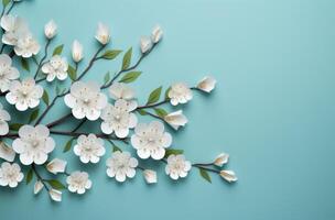 ai generiert Weiß Kirsche blühen auf Blau Hintergrund Frühling Hintergrund, foto
