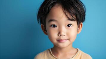 ai generiert ein asiatisch lächelnd klein Junge auf ein solide Blau Hintergrund. hoch Qualität. ai generativ foto