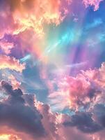 ai generiert sortiert intensiv irisierend regenbogenverchromt Wolken mit Sonnenstrahlen im das Farben von das Regenbogen. hohe Auflösung. ai generativ foto